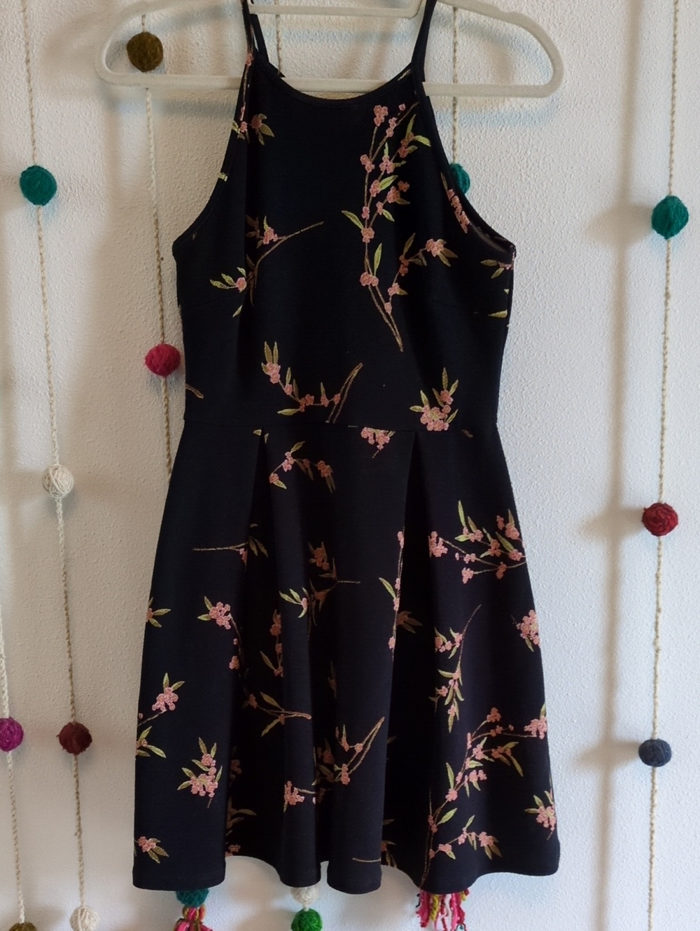 Black Halter Skater Dress with Pink Floral Print